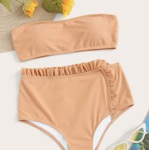 Bandeau Frill Trim High Waist Bikini Set, swimsuit